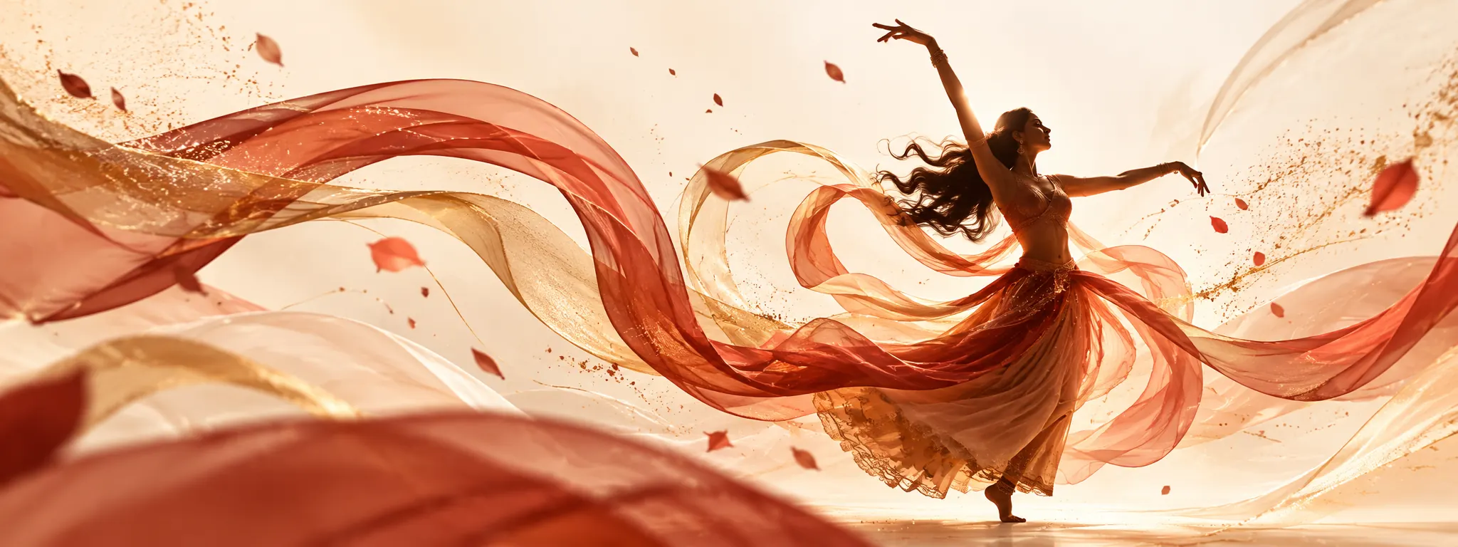 Illustration of a dancer in flowing red and gold fabric, petals drifting around her.