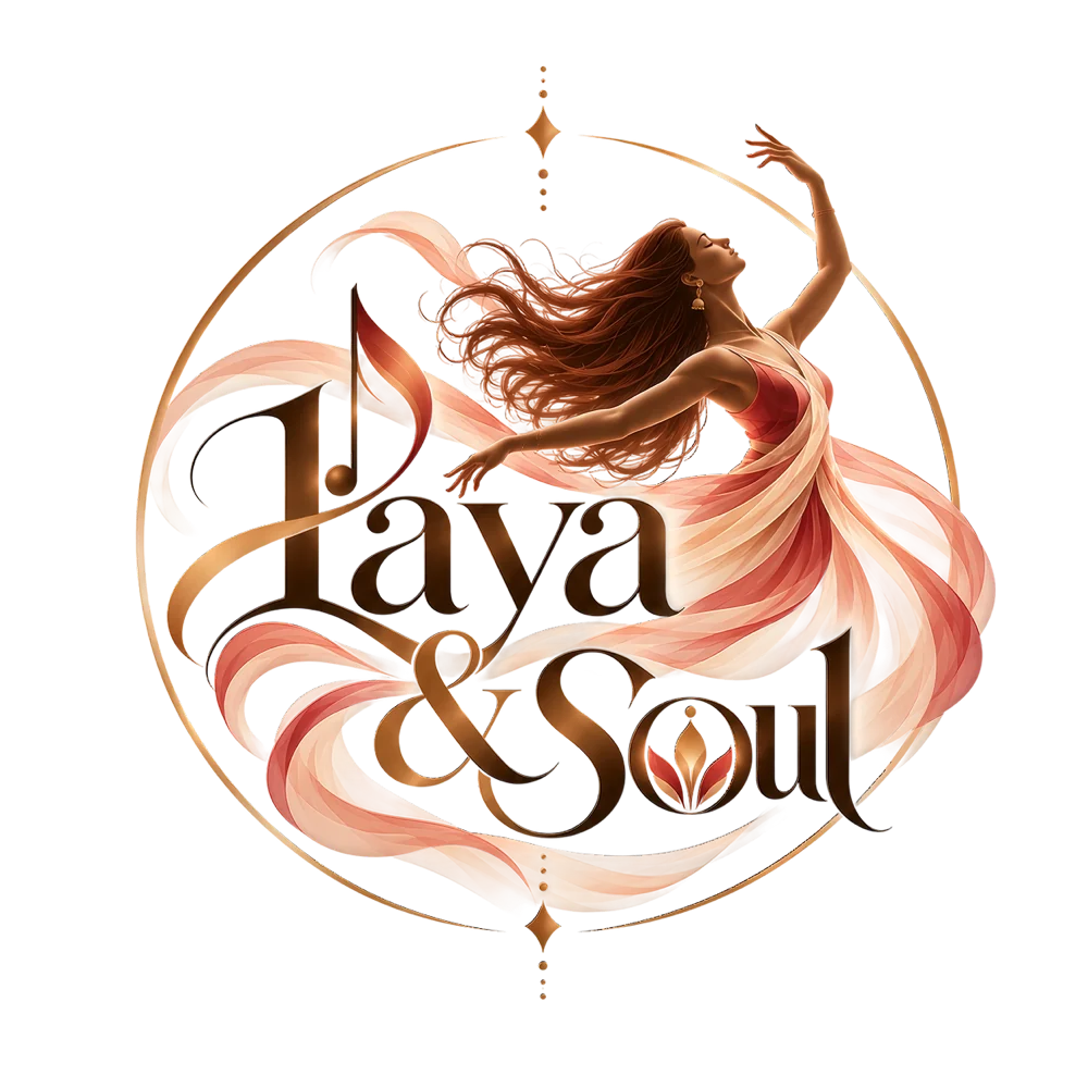 Laya & Soul emblem: a dancer with flowing hair and coral fabric, framed by a golden circle around the brand name.